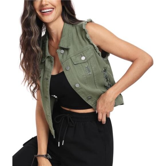 New Women's Cropped Distressed Denim Vest – Ripped Sleeveless Jean Jacket with - Picture 3 of 5